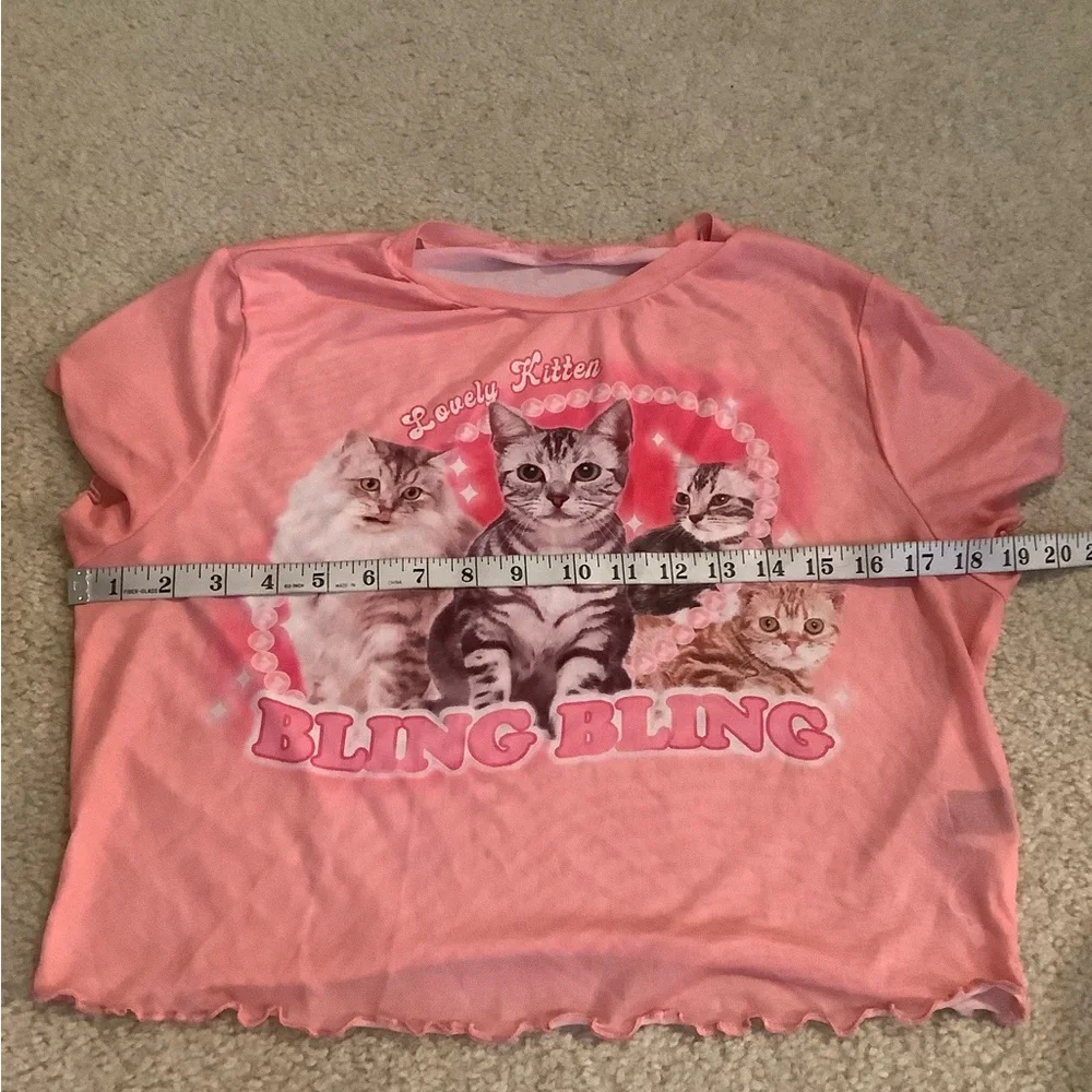Shein Curve Romwe Pink Sheer Ruffle Edge BabyDoll Crop Kitten Cats Shirt 1X plus